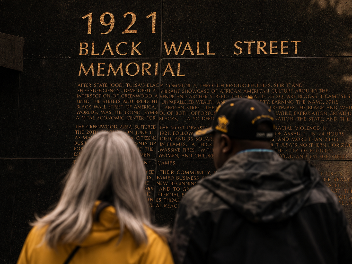 Visitors reading the 1921 Black Wall Street Memorial during a guided walking tour