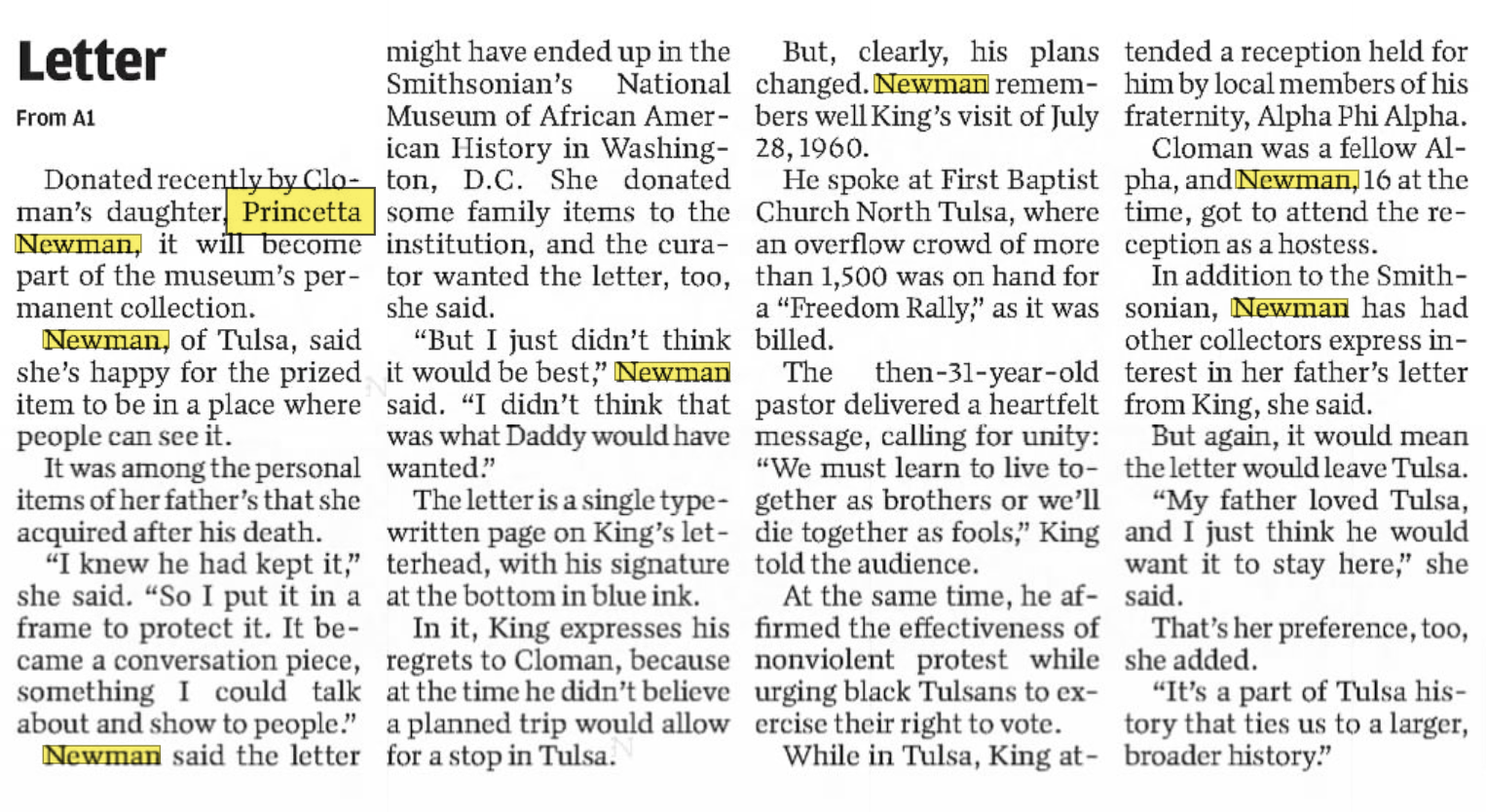 Tulsa World clipping describing Princetta Newman's donation of Martin Luther King Jr.'s letter to the Smithsonian
