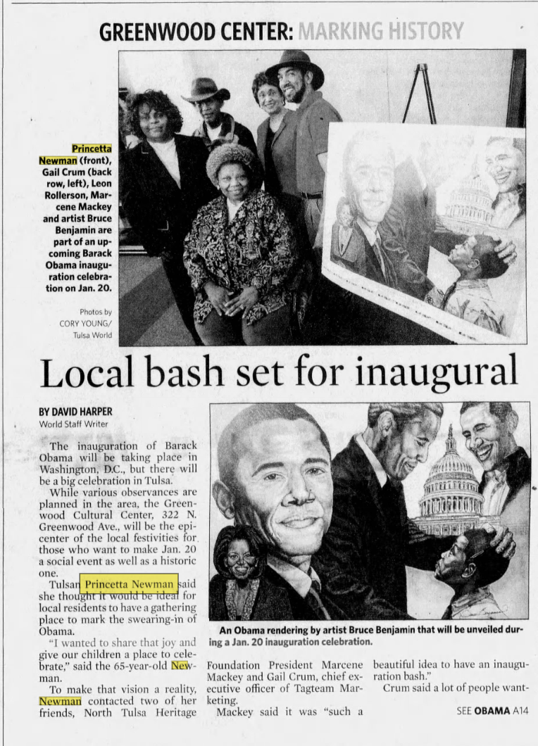 Newspaper clipping about a local celebration organized for the 2009 presidential inauguration at the Greenwood Cultural Center