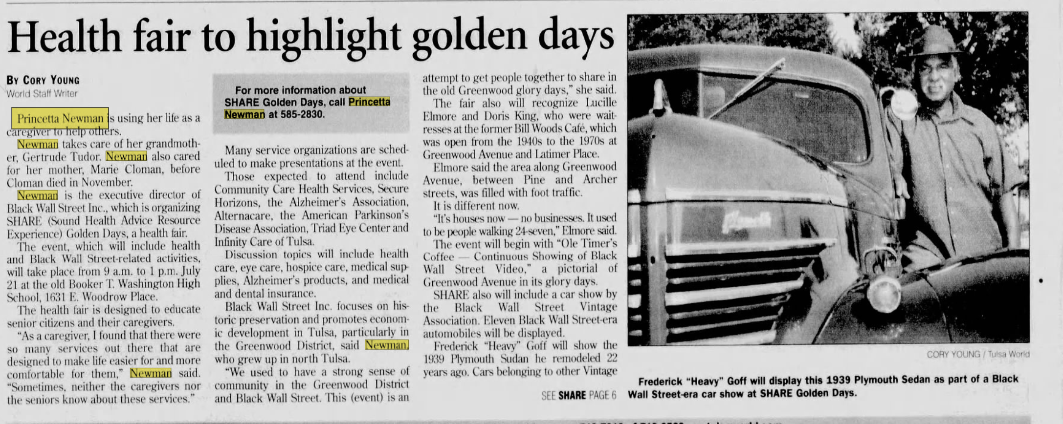 Tulsa World clipping headlined 'Health fair to highlight golden days,' about Newman's SHARE Golden Days health fair and a Black Wall Street-era car show