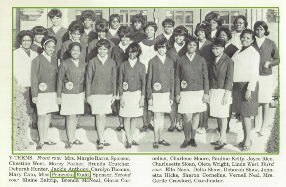 Yearbook photograph of the Booker T. Washington Y-Teens group, with sponsor Princetta Rudd listed in the front row